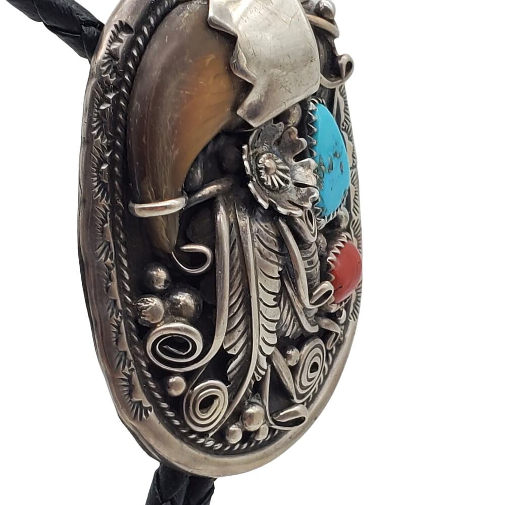 Navajo Sterling Silver Bolo Tie Turquoise Coral Native American Verdy Jake SW - Picture 9 of 13